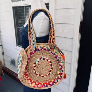 Steven Madden Jute Straw Braided Boho Purse with Pom-Poms
